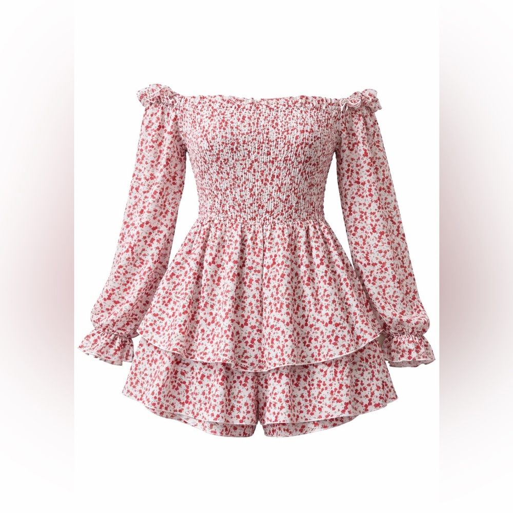 Missguided Pink Floral Off-Shoulder Smocked Romper